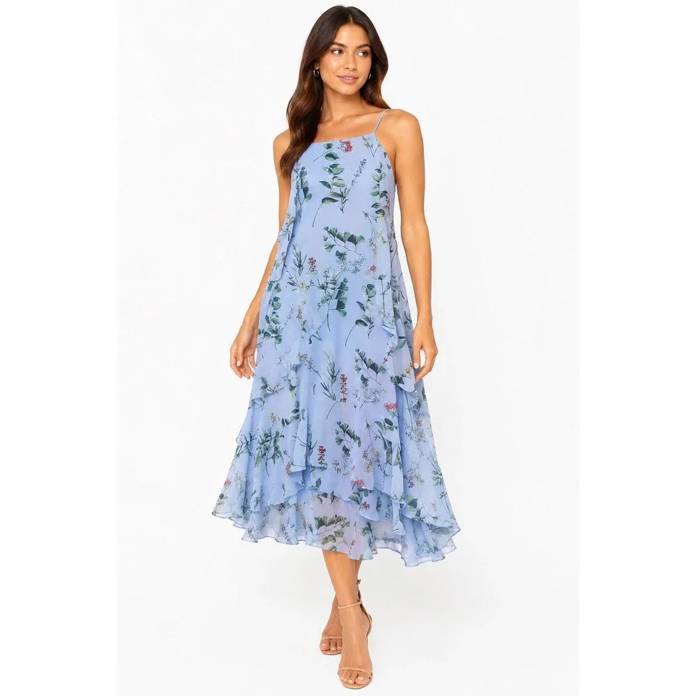 banana republic floral midi dress Banana Republic Floral Chiffon Midi Dress EUC 14 Blue Wedding Guest Garden  Party